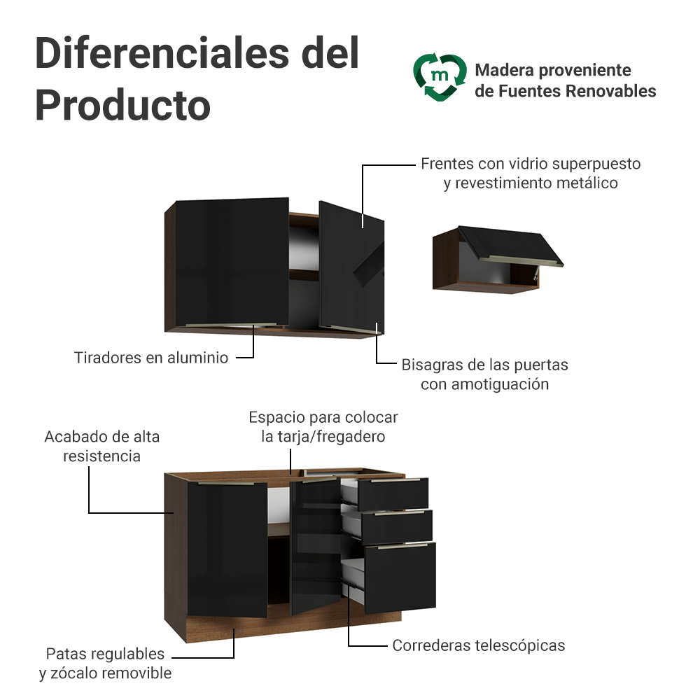 Cocina Compacta 180 x 60 cm Marrón/Negro Lux Madesa 03