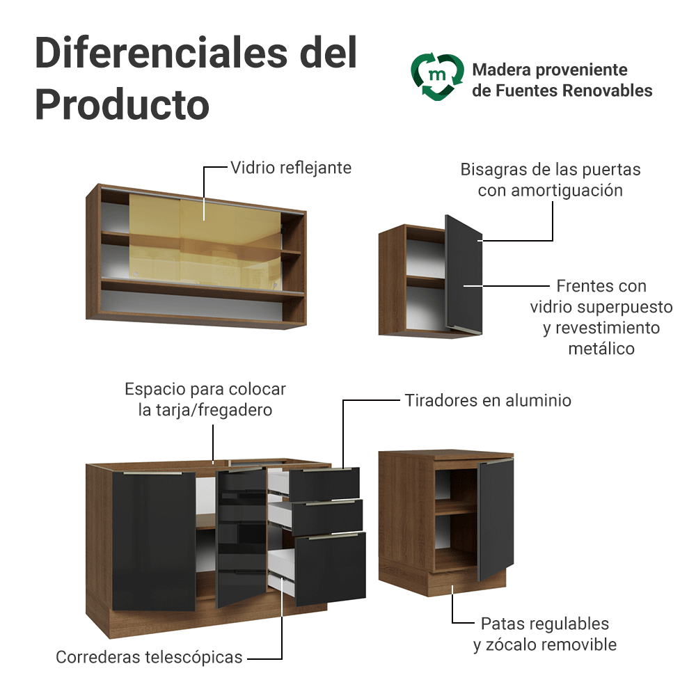 Cocina Compacta 180 x 60 cm Marrón/Negro Lux Madesa 05