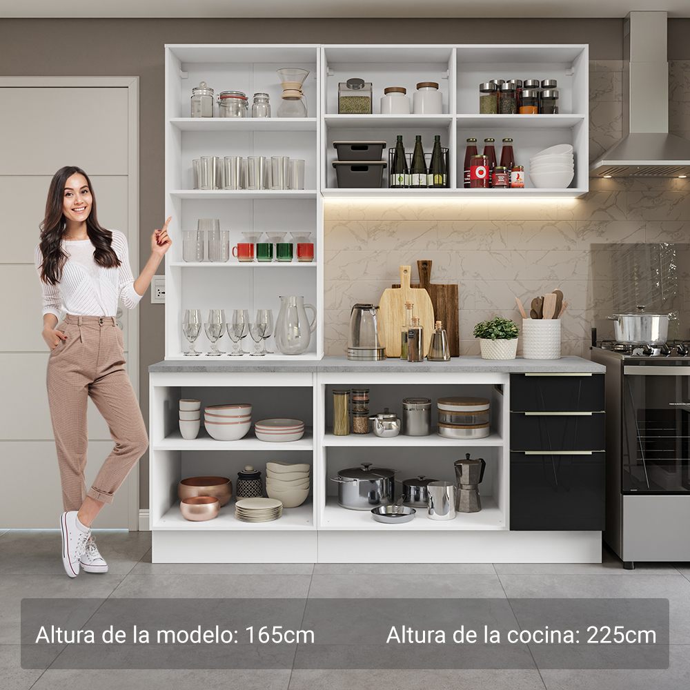 Cocina Compacta 190 cm con Cristalero 8 Puertas 3 Cajones Blanco/Negro Lux Madesa