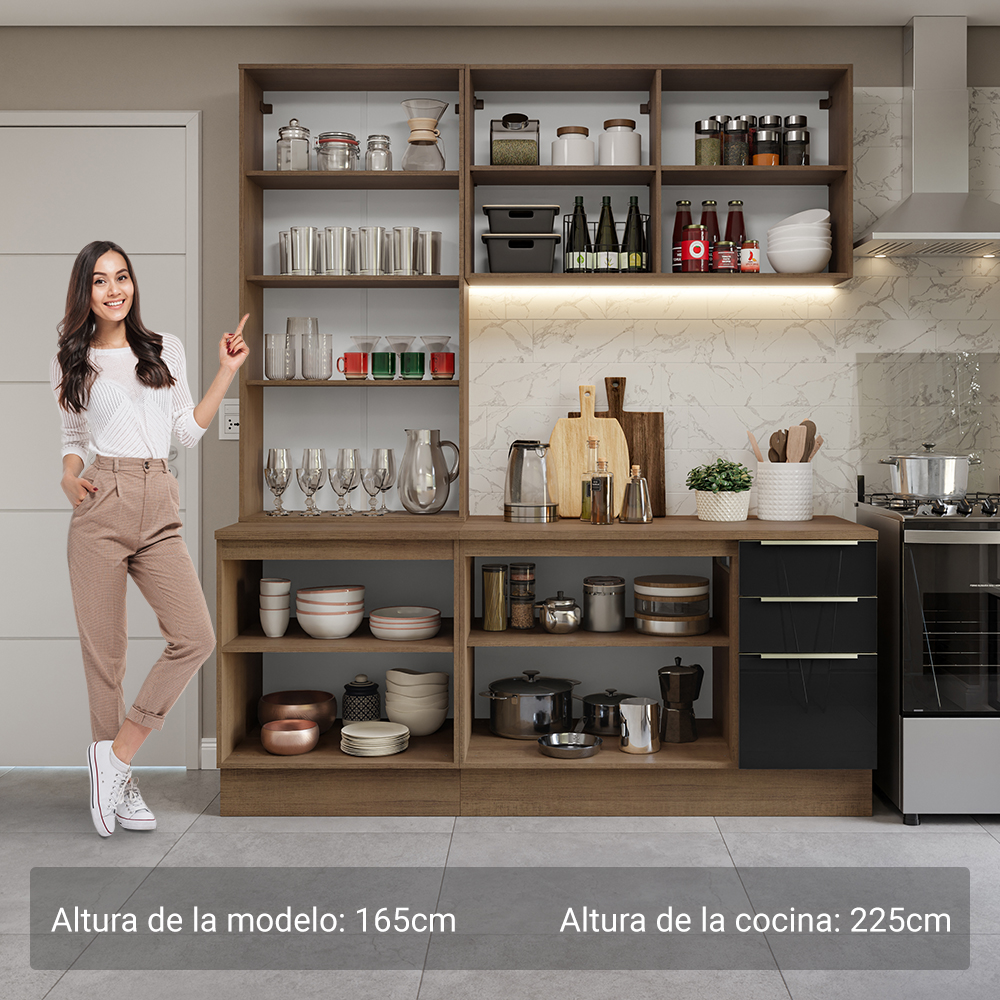 Cocina Compacta 190 cm con Cristalero 8 Puertas 3 Cajones Marrón/Negro Lux Madesa