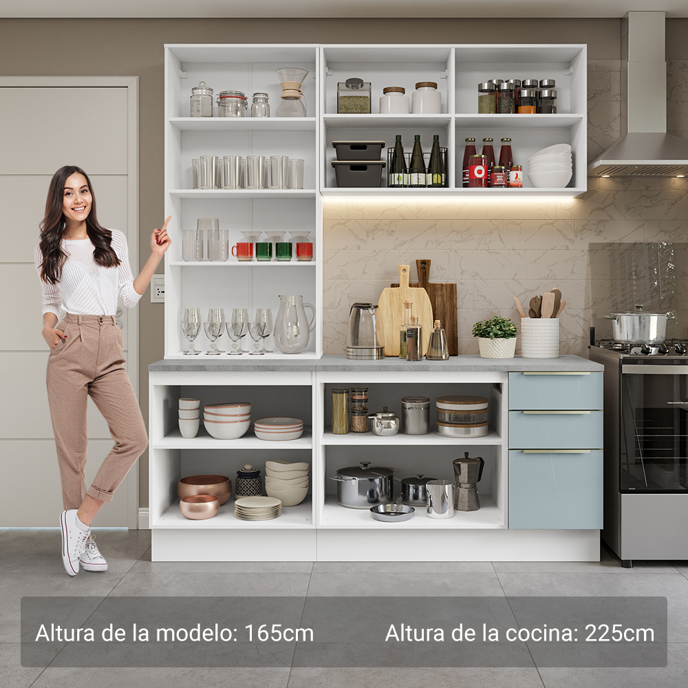 Cocina Compacta 190 cm con Cristalero 8 Puertas 3 Cajones Blanco/Gris Lux Madesa