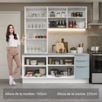 Cocina Compacta 190 cm con Cristalero 8 Puertas 3 Cajones Blanco/Gris Lux Madesa