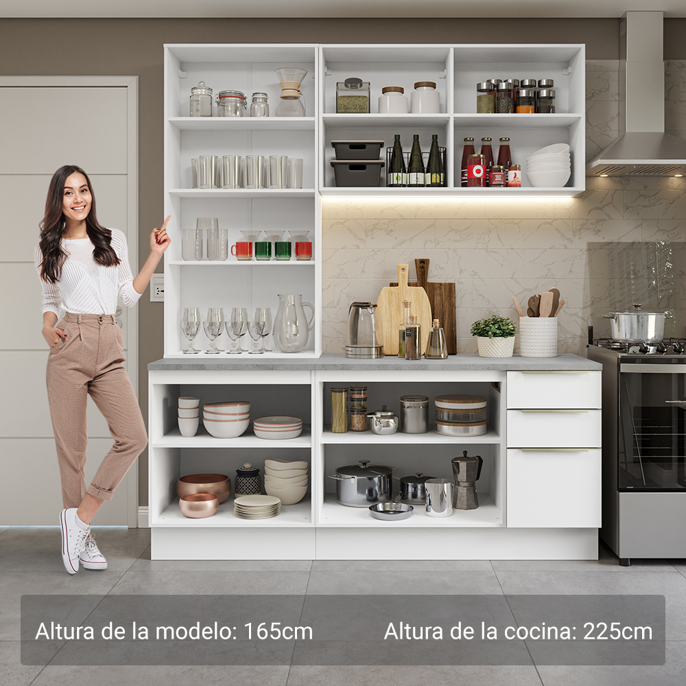 Cocina Compacta 190 cm con Cristalero 8 Puertas 3 Cajones Blanco Lux Madesa