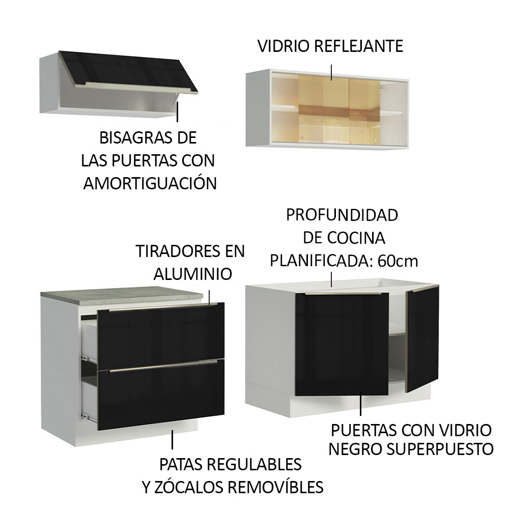 Combo de Cocina Compacta 200cm Blanco/Negro Lux Madesa 01