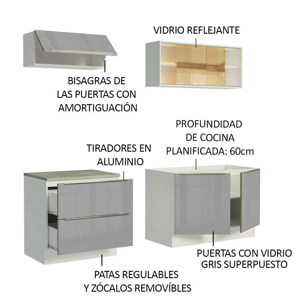 Combo de Cocina Compacta 200cm Blanco/Gris Lux Madesa 01