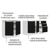 Combo con 2 Bajos Mesadas de Cocina 4 Puetas 3 Cajones 200 x 60 cm (Sin Mesada y Bacha) Blanco/Negro Lux Madesa