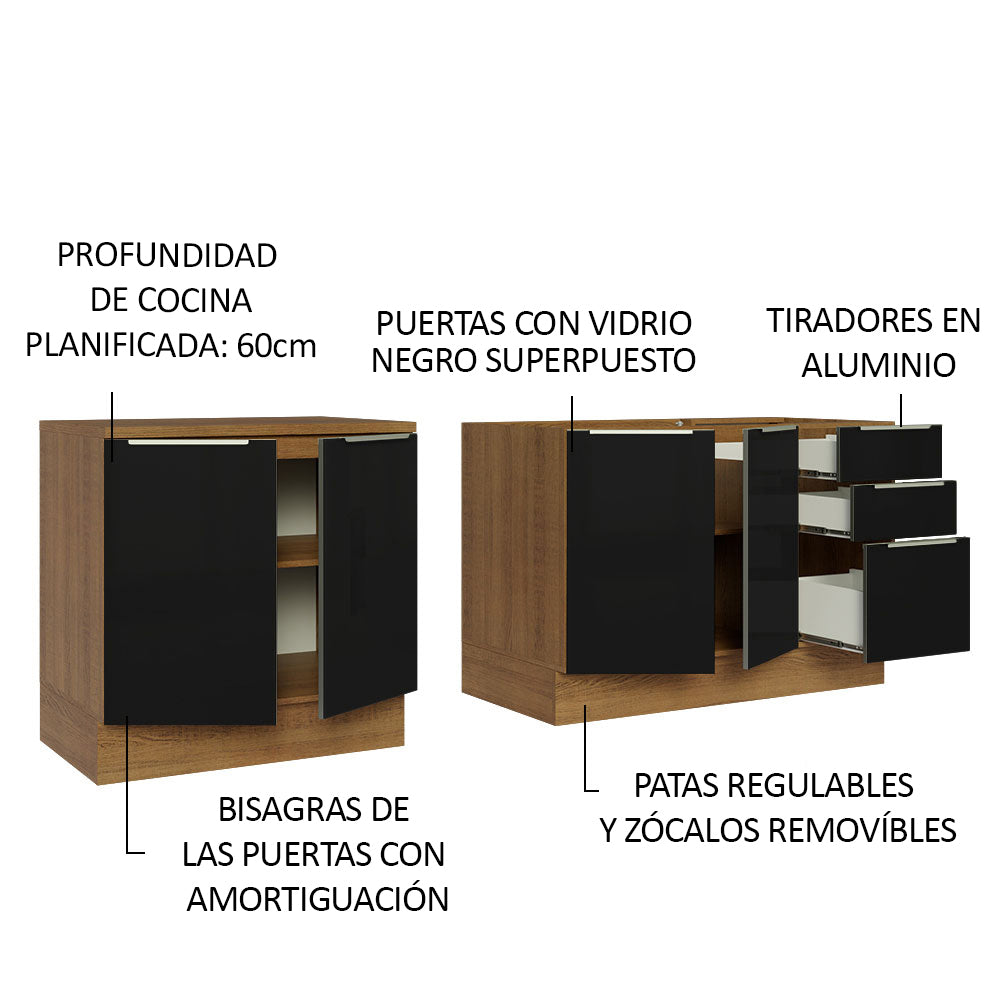 Kit 2 Bajo Mesada Lux 200 cm 4 Puertas 3 Cajones (Sin Mesada) Marrón/Negro Madesa