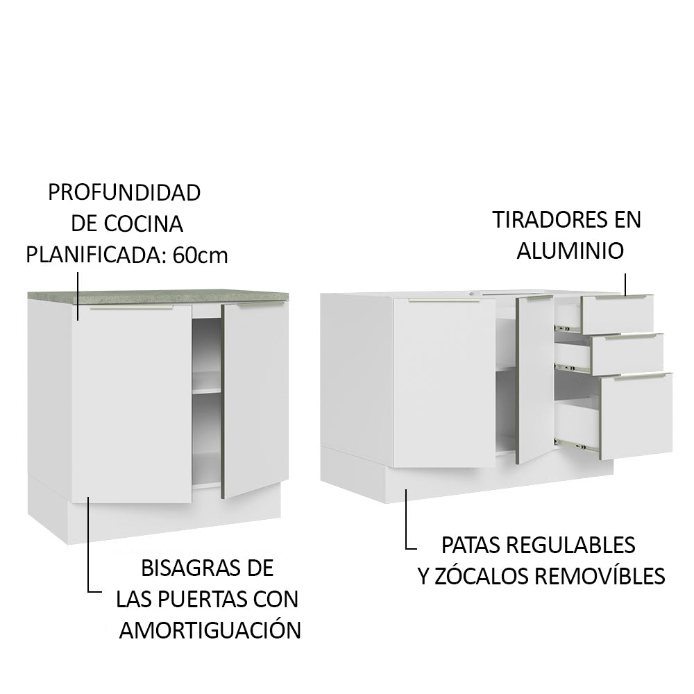 Combo con 2 Bajos Mesadas de Cocina 4 Puetas 3 Cajones 200 x 60 cm (Sin Mesada y Bacha) Blanco/Blanco Aterciopelado Lux Madesa