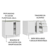 Combo con 2 Bajos Mesadas de Cocina 4 Puetas 3 Cajones 200 x 60 cm (Sin Mesada y Bacha) Blanco/Blanco Aterciopelado Lux Madesa