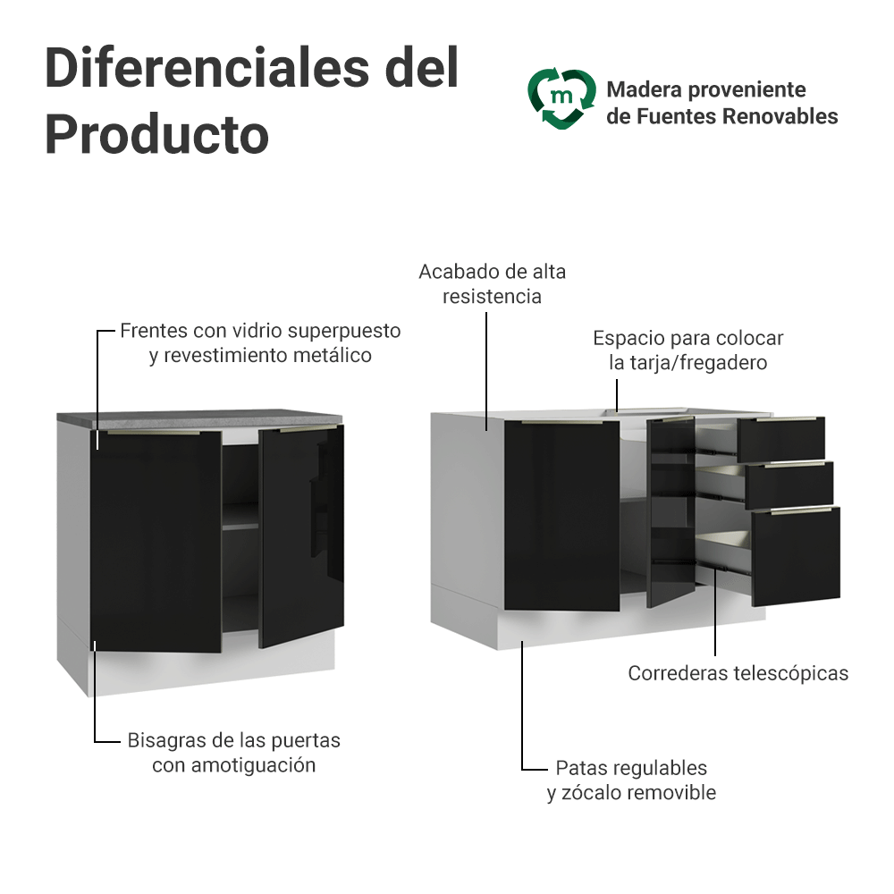 Cocina Compacta 200 x 60 cm Blanco/Negro Lux Madesa 06