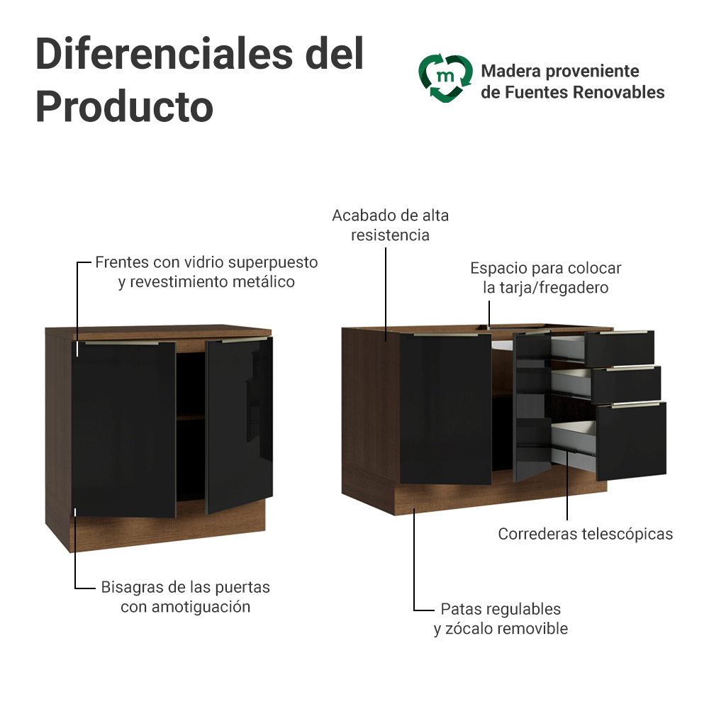 Cocina Compacta 200 x 60 cm Marrón/Negro Lux Madesa 06