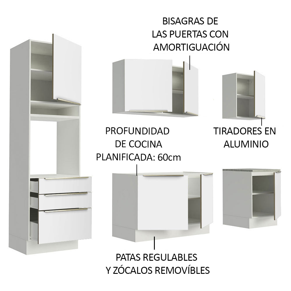 Combo Completo de Cocina 240 x 60 cm Blanco/Blanco Aterciopelado Lux Madesa 03