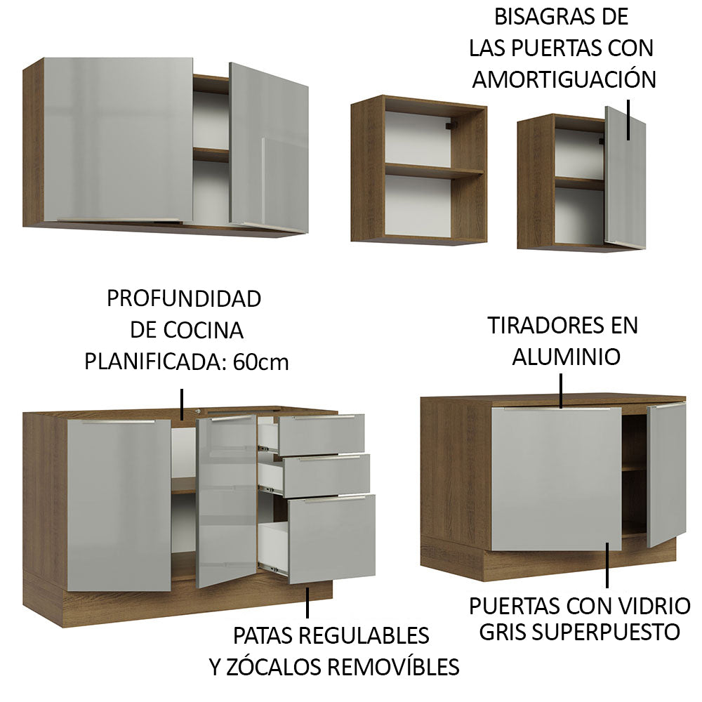 Combo completo de Cocina 240 cm 7 Puertas 3 Cajones Sin Mesada Marrón/Gris Lux Madesa