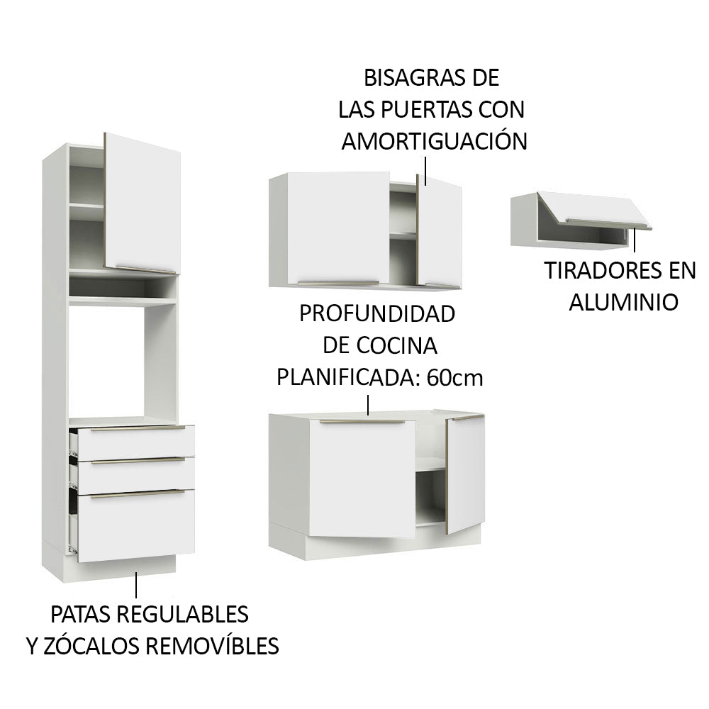 Combo Completo de Cocina 260 x 60 cm Blanco/Blanco Aterciopelado Lux Madesa 03