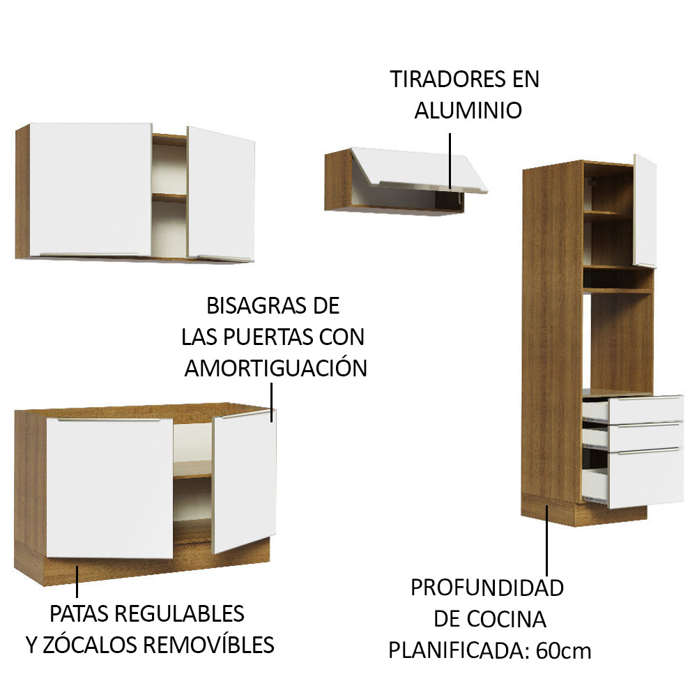 Combo Completo de Cocina 260 x 60 cm Marrón/Blanco Aterciopelado Lux Madesa 05