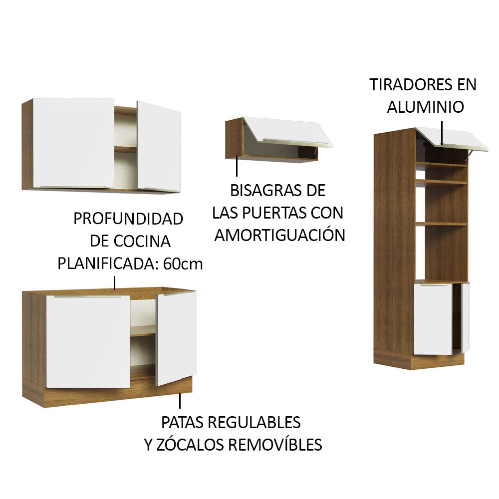 Combo Completo de Cocina 270 x 60 cm Marrón/Blanco Aterciopelado Lux Madesa 01