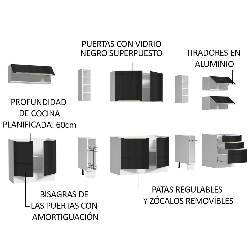 Combo completo de Cocina 300cm Blanco/Negro Lux da Sabrina Madesa