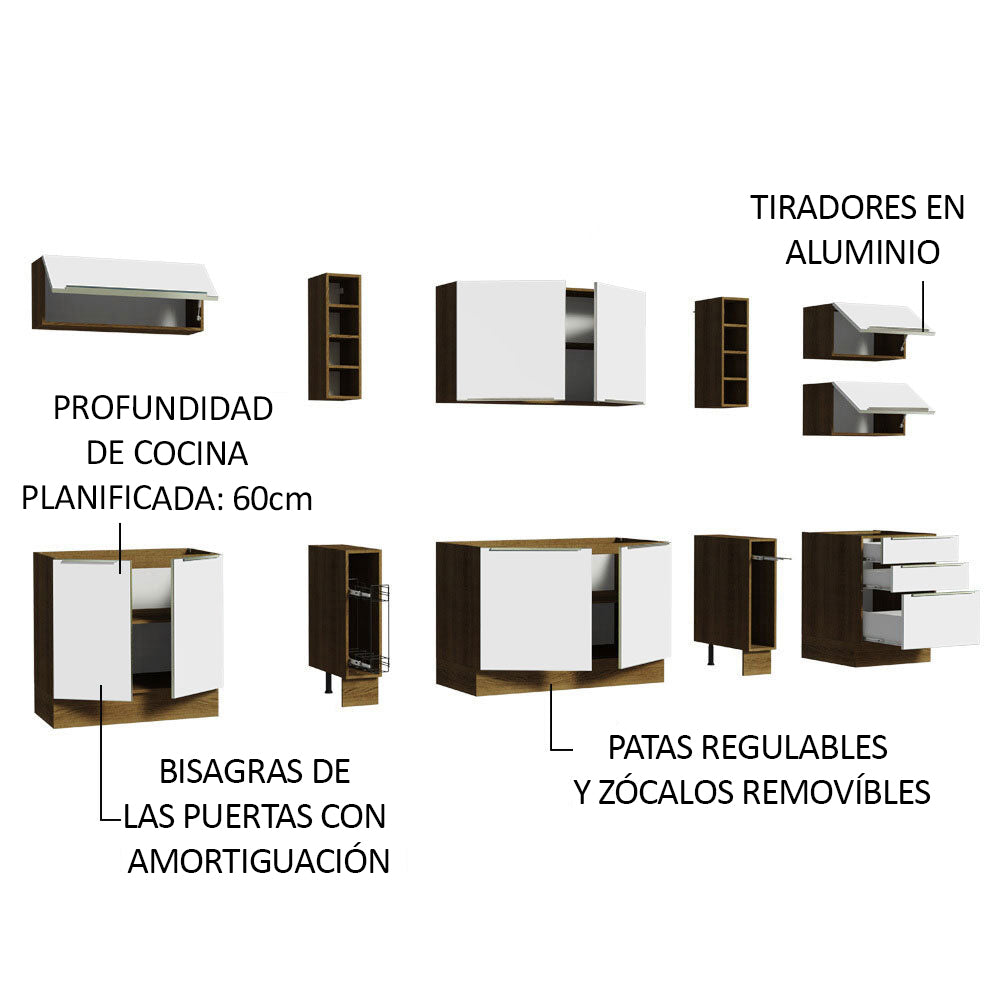 Combo Completo de Cocina 300 x 60 cm Marrón/Blanco Aterciopelado Lux Madesa