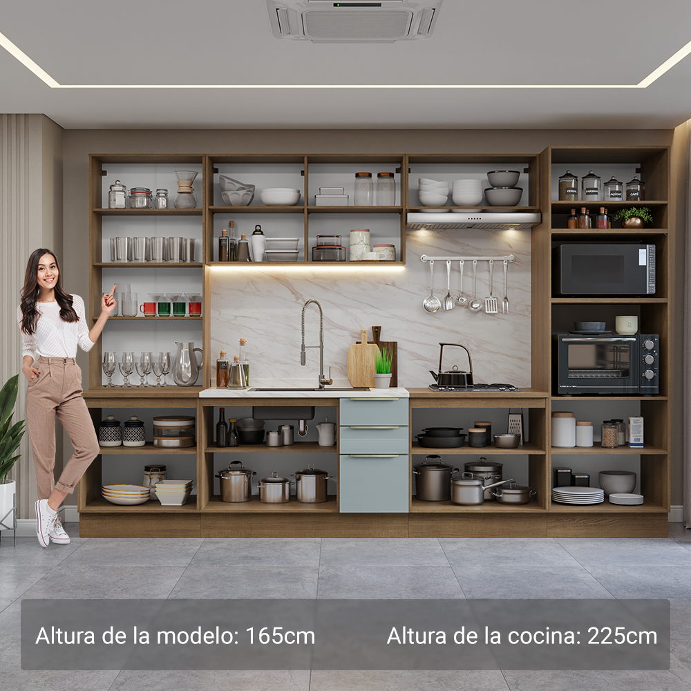Combo completo de Cocina 340 cm con Cristalero 14 Puertas 3 Cajones Sin Mesada Marrón/Gris Lux Madesa