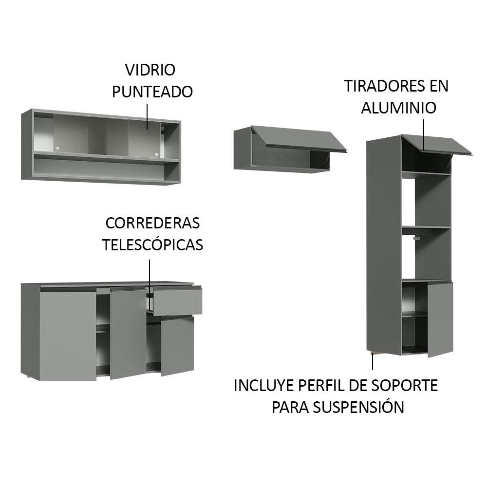 Combo Completo de Cocina 260 cm 8 Puertas 1 Cajón Flotante con Mueble para Horno y Microondas Gris Nice Madesa