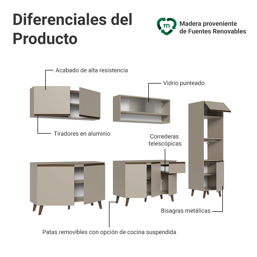 Combo de Cocina 300 cm Con Patas Nice Crema 02