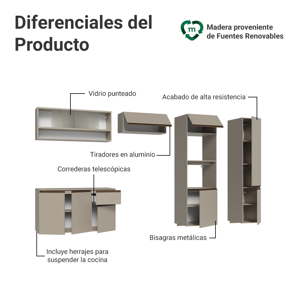 Combo de Cocina 300 cm Sin Patas Nice Crema 06