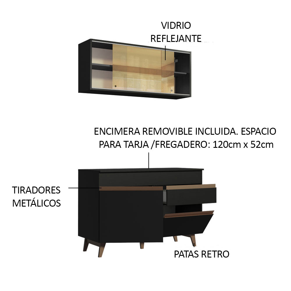Mueble de Cocina Reims Madesa con Alacena y Bajo Mesada 120 cm 2 Puertas 1 Cajón Negro