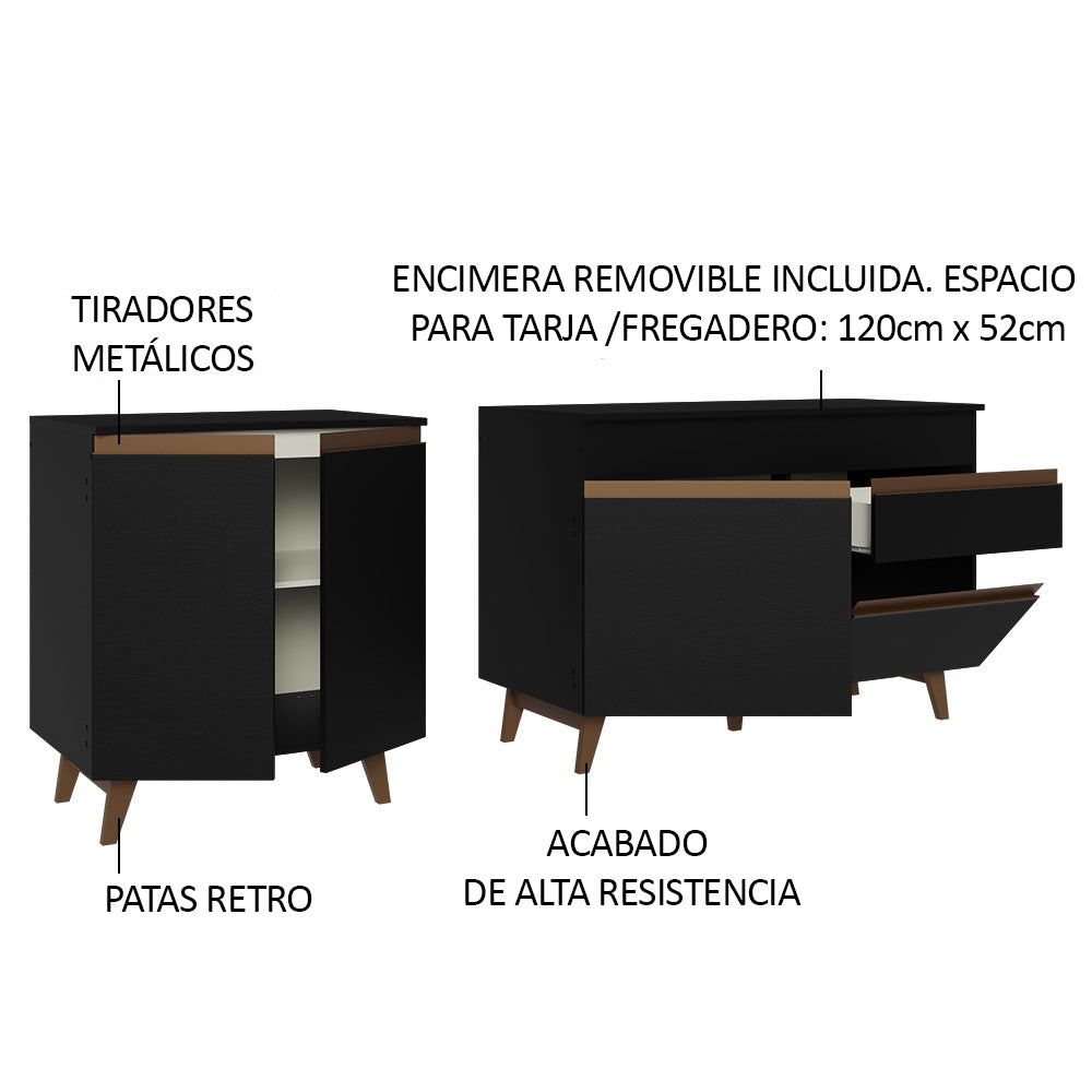 Kit de 2 Bajo Mesada de Cocina 4 Puertas 1 Cajón (Con Tapa) Reims Negro