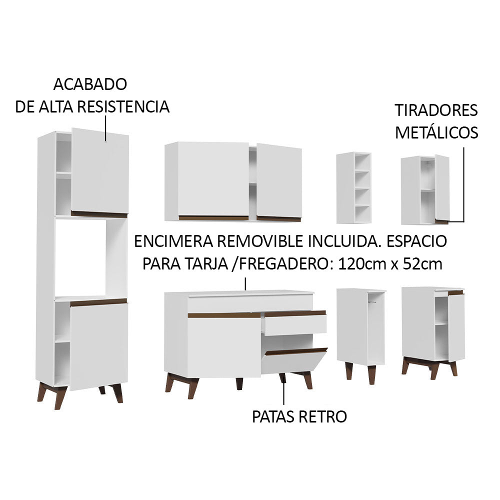 Combo Completo de Cocina 235 cm 8 Puertas 1 Cajón con Mueble para Horno o Microondas Blanco Reims Madesa