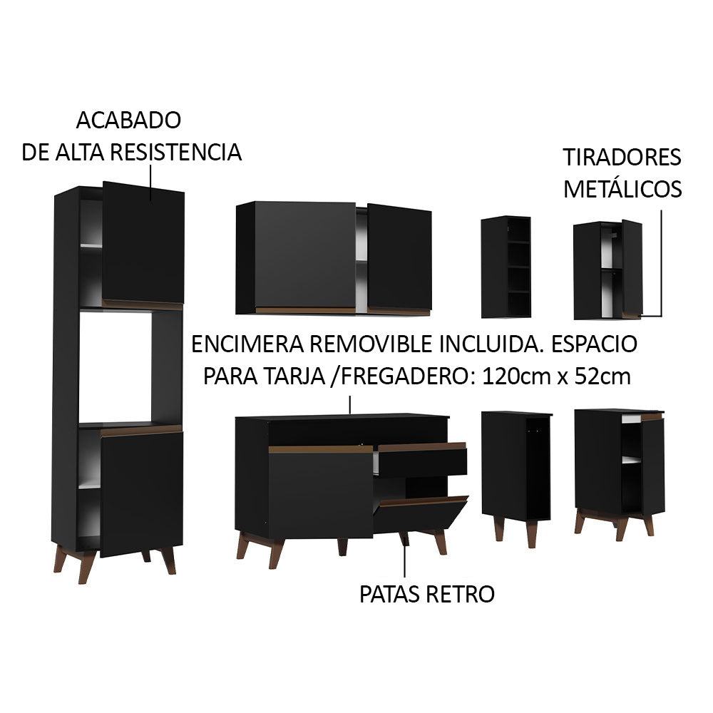 Combo Completo de Cocina 235 cm 8 Puertas 1 Cajón con Mueble para Horno o Microondas Negro Reims Madesa