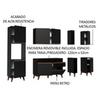 Combo Completo de Cocina 235 cm 8 Puertas 1 Cajón con Mueble para Horno o Microondas Negro Reims Madesa
