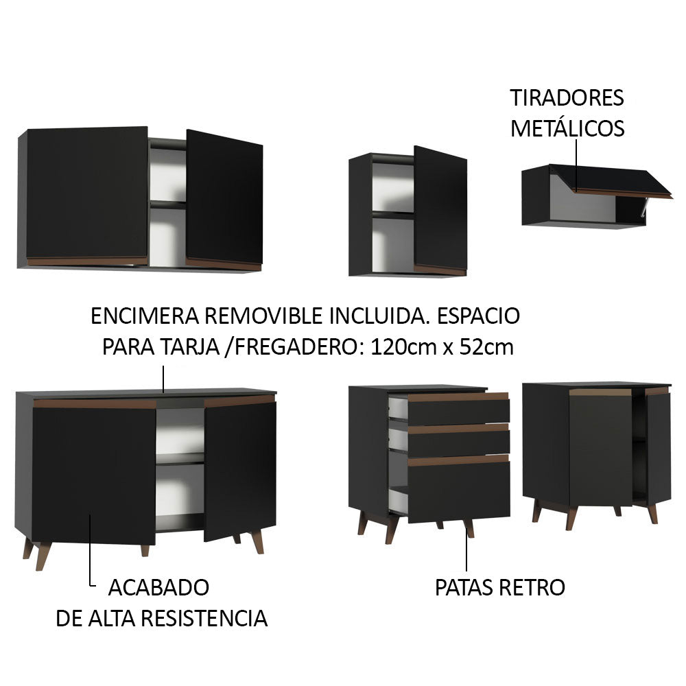 Combo Completo de Cocina 250 cm 8 Puertas 3 Cajones Negro Reims Madesa
