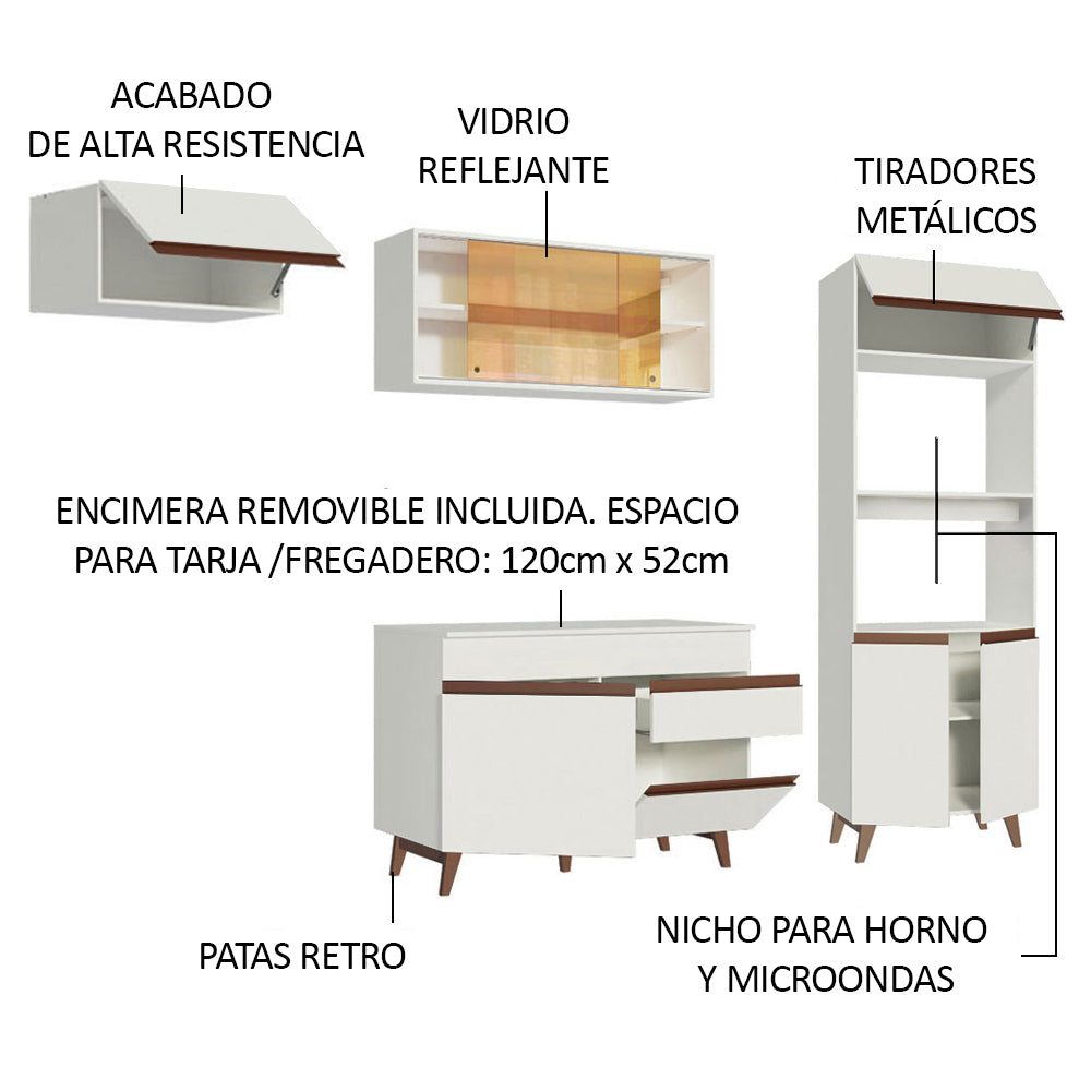 Combo Completo de Cocina 260 cm 8 Puertas 1 Cajón con Mueble para Horno y Microondas Blanco Reims Madesa 01