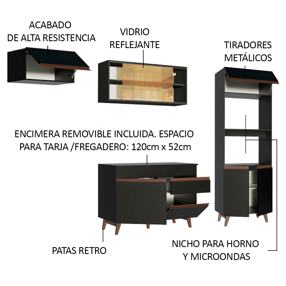 Combo Completo de Cocina 260 cm 8 Puertas 1 Cajón con Mueble para Horno y Microondas Negro Reims Madesa 01