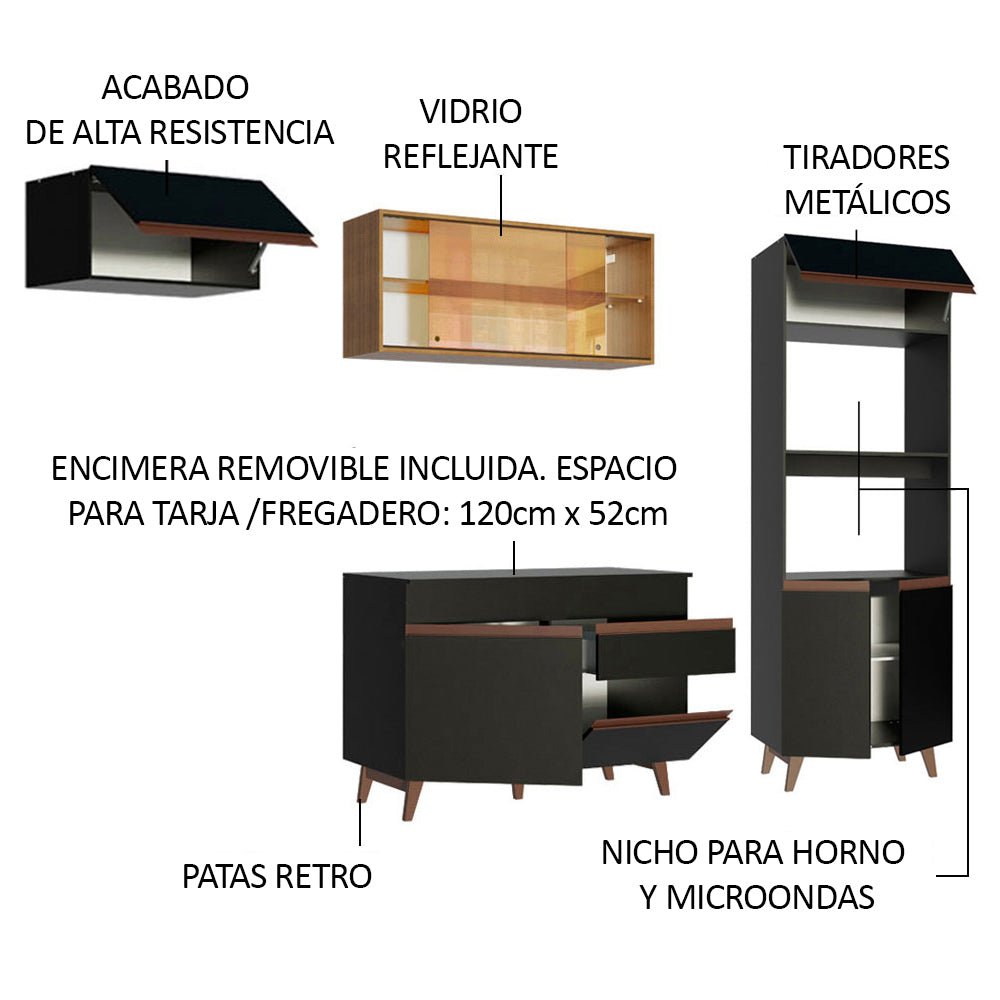 Combo Completo de Cocina 260 cm 8 Puertas 1 Cajón con Mueble para Horno y Microondas Negro/Marrón Reims Madesa