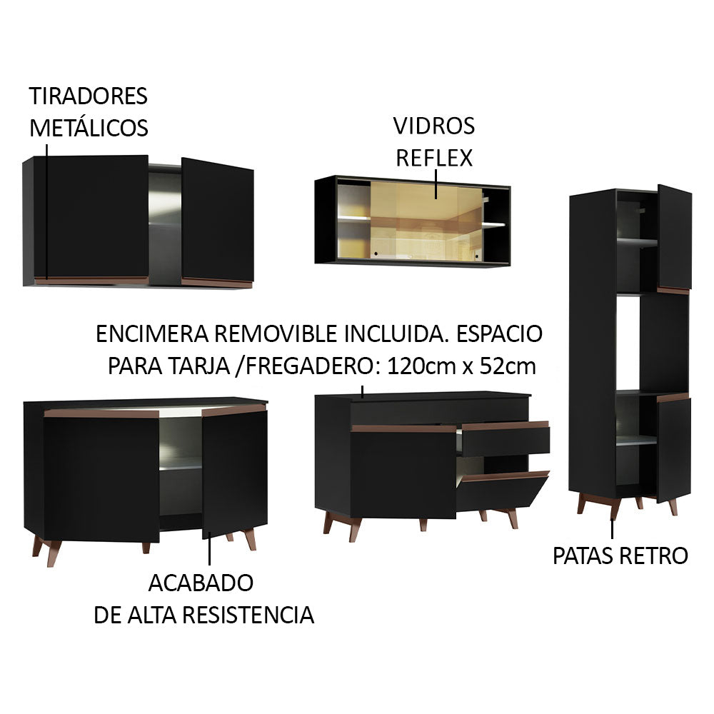 Combo Completo de Cocina 300 cm 10 Puertas 1 Cajón con Mueble para Horno o Microondas Negro Reims Madesa 01