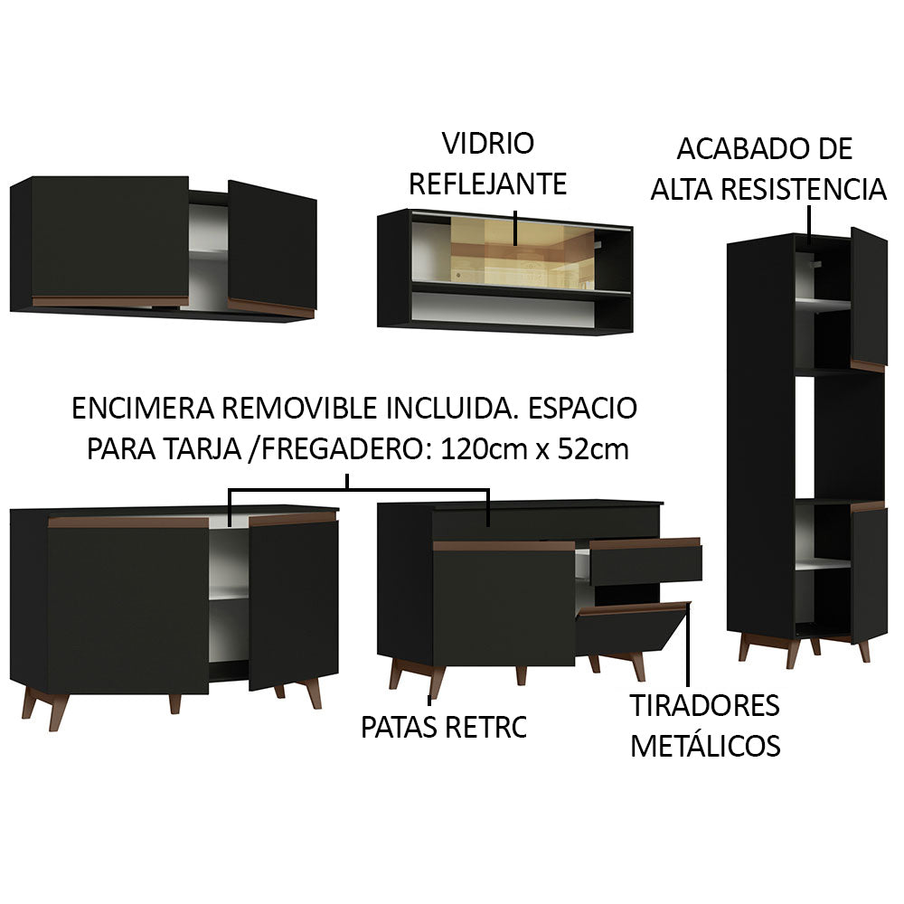 Combo Completo de Cocina 300 cm 10 Puertas 1 Cajón con Mueble para Horno o Microondas Negro Reims Madesa 02
