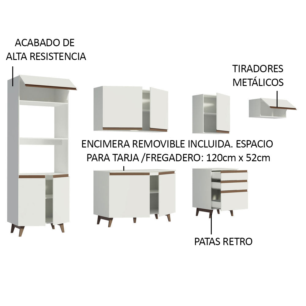 Combo Completo de Cocina 320 cm 9 Puertas 3 Cajones con Mueble para Horno y Microondas Blanco Reims Madesa