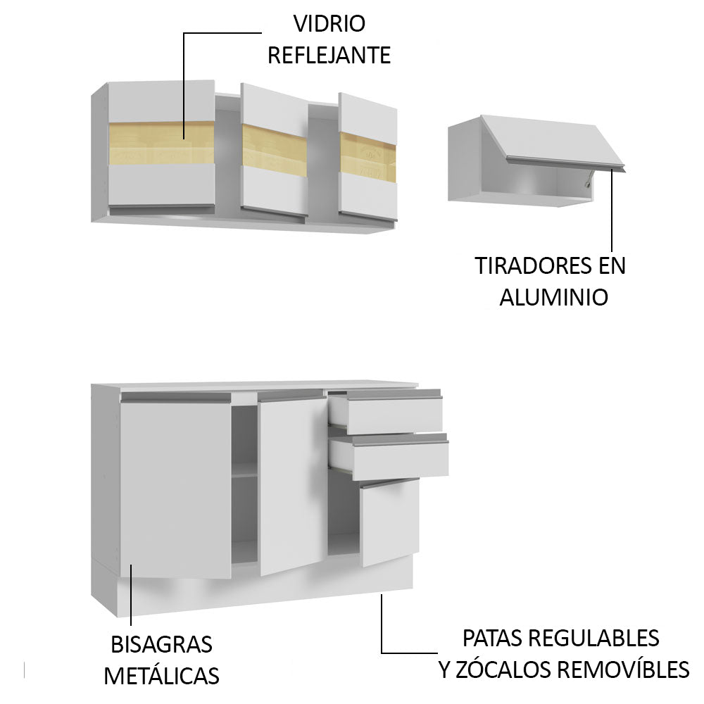 Cocina Compacta Smart 100% MDF 180 cm 7 Puertas 2 Cajones (Con Mesada) Blanco 02 Madesa