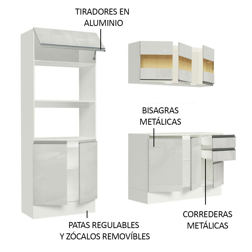Cocina Compacta Smart 100% MDF Puertas Brillante XP 190 cm 9 Puertas 2 Cajones (Con Mesada) Blanco Madesa