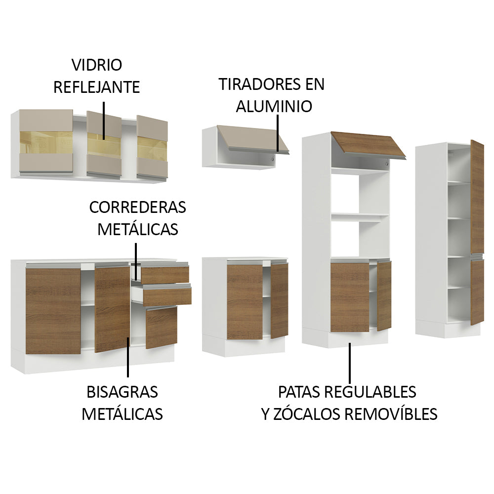 Combo Completo de Cocina 100% MDF 300 cm Blanco/Marrón/Crema Smart Madesa 02