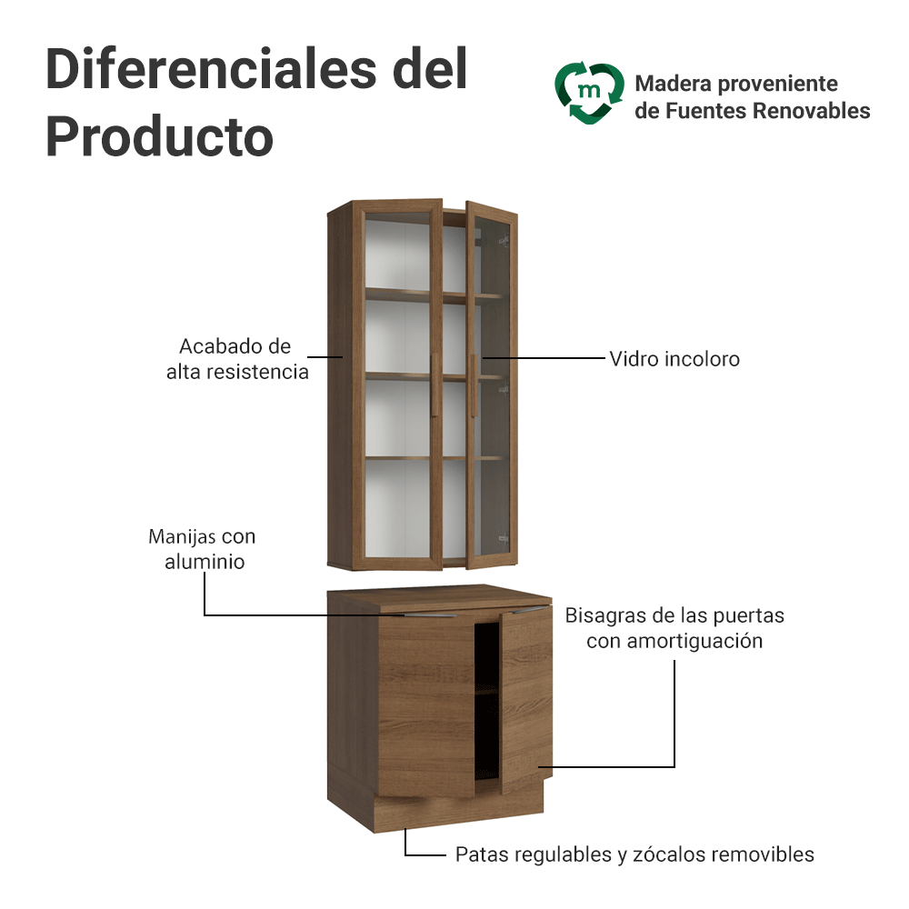 Kit Bajo Mesada + Cristalero 70cm Marrón Stella Madesa 02