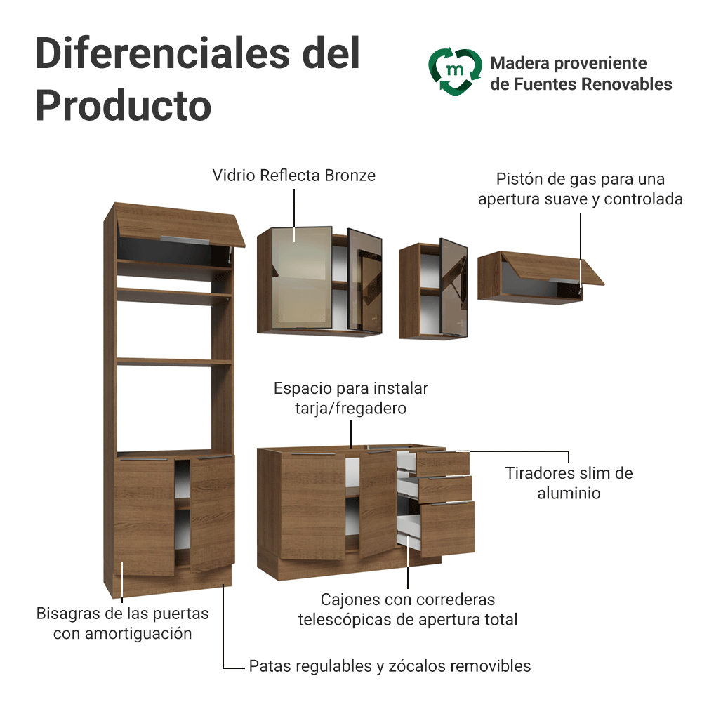 Combo completo de Cocina 270 cm Marrón Stella Madesa