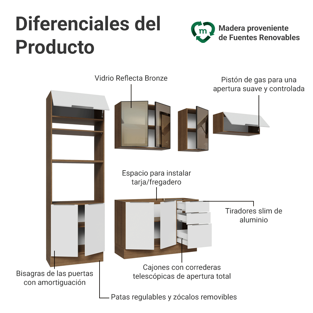 Combo completo de Cocina 270 cm Marrón/Blanco Stella Madesa