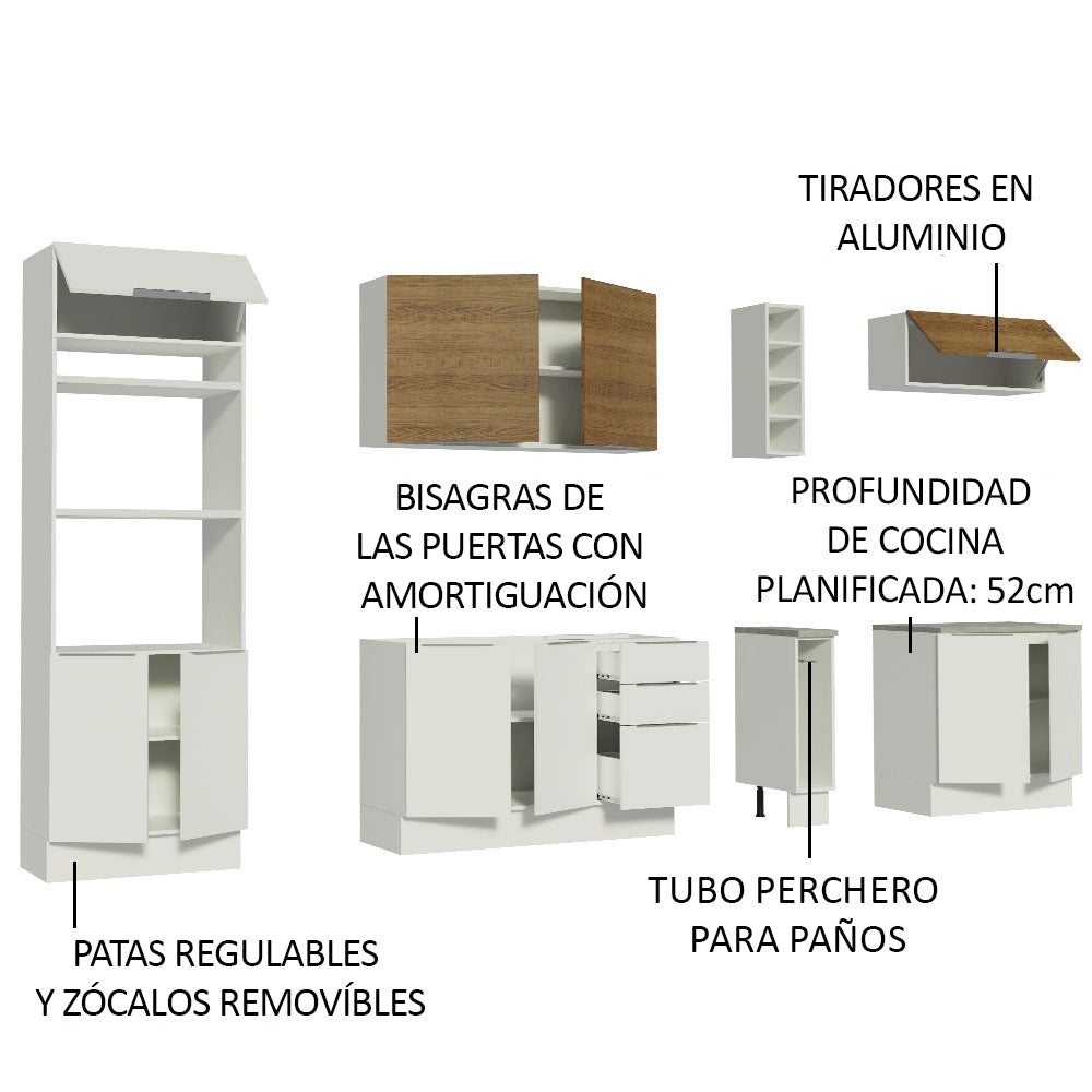 Combo Completo de Cocina 290cm Blanco/Blanco/Marrón Stella Madesa 01