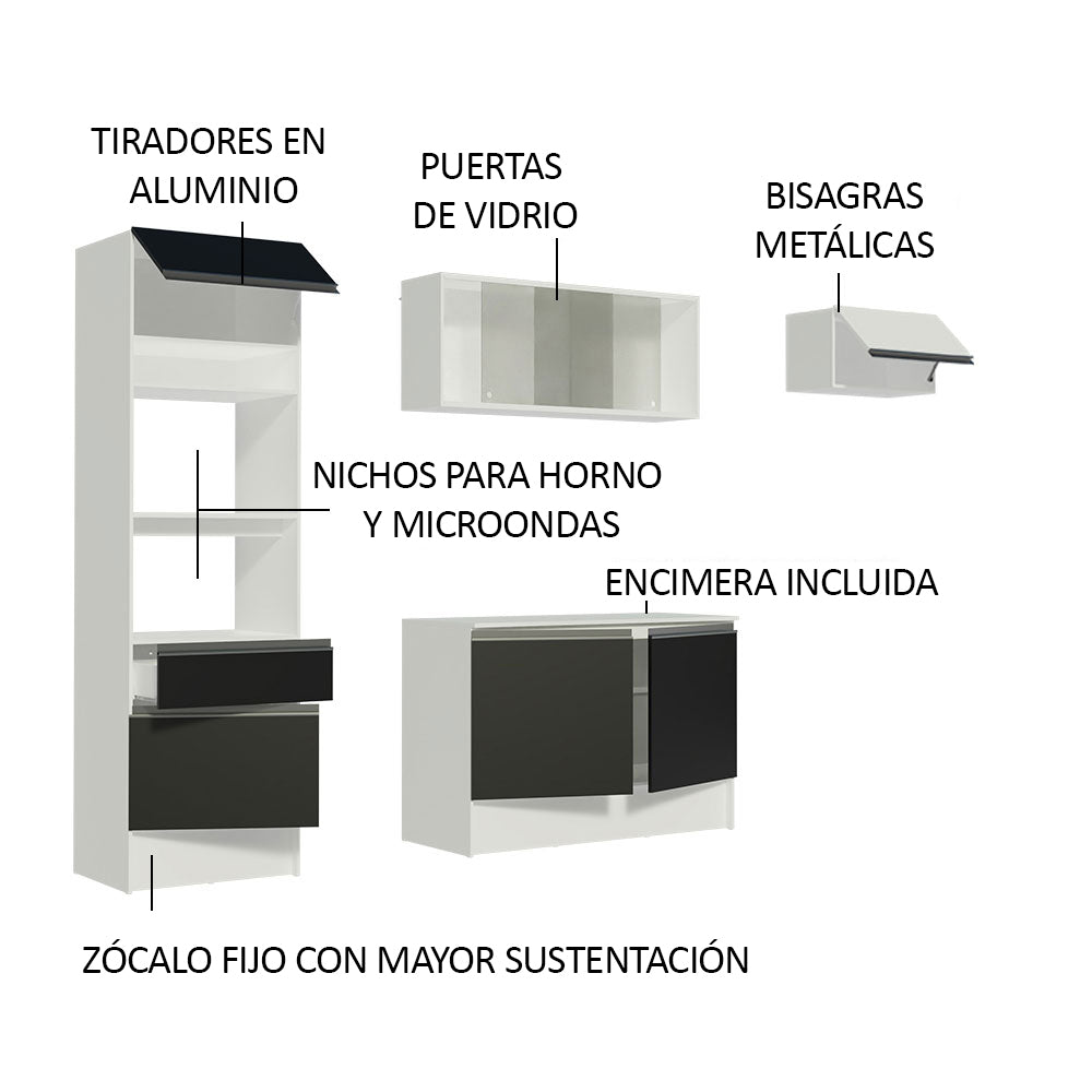 Combo Completo de Cocina 240 cm Blanco/Negro/Blanco Topazio Madesa 01