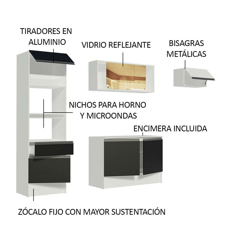 Combo Completo de Cocina 240 cm Blanco/Negro/Blanco Diamante Madesa 02