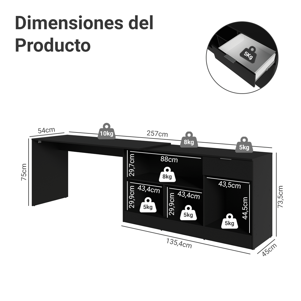 Tocador Esquinero para Maquillaje o Escritorio 300 cm Negro Madesa