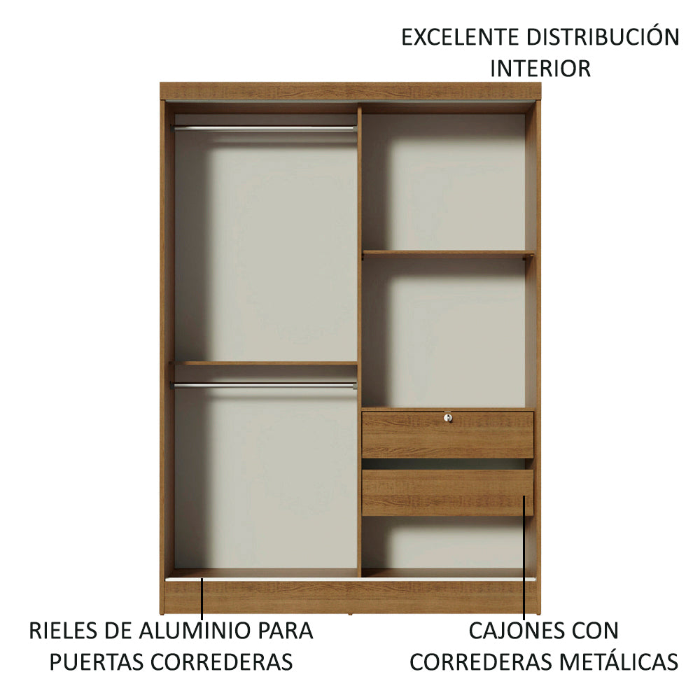 Habitación Completa con Placard Luke 2 Purtas de Espejo y Respaldo de cama con 2 Mesas de Luz Madesa Marrón