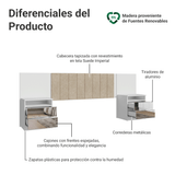 Respaldo de Cama Extensible Tapizado con 2 Mesas de Luz Espejadas Blanco/Imperial Madesa